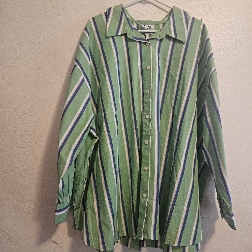 Future Collective NWT Stripe Button Down Shirt Blue Green Plus Size 2X
